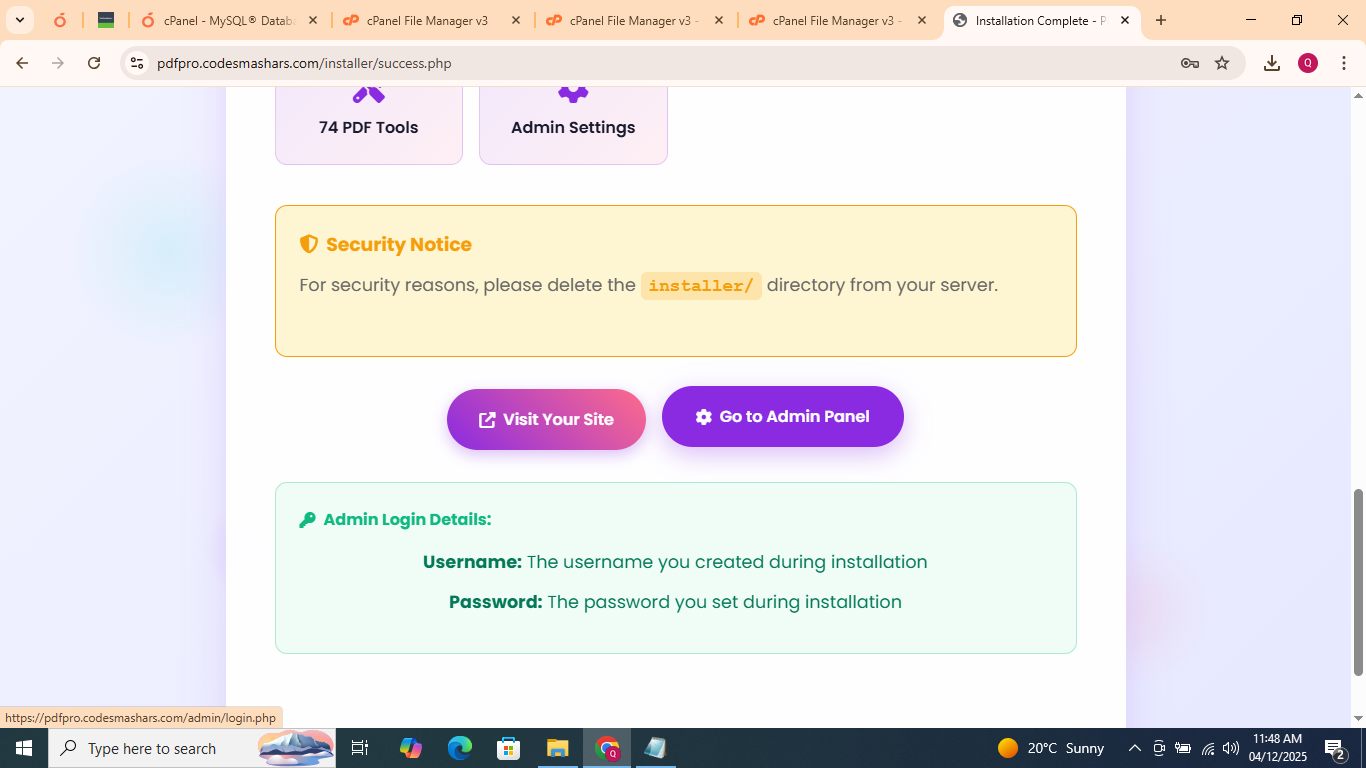 Installation Success Screen
